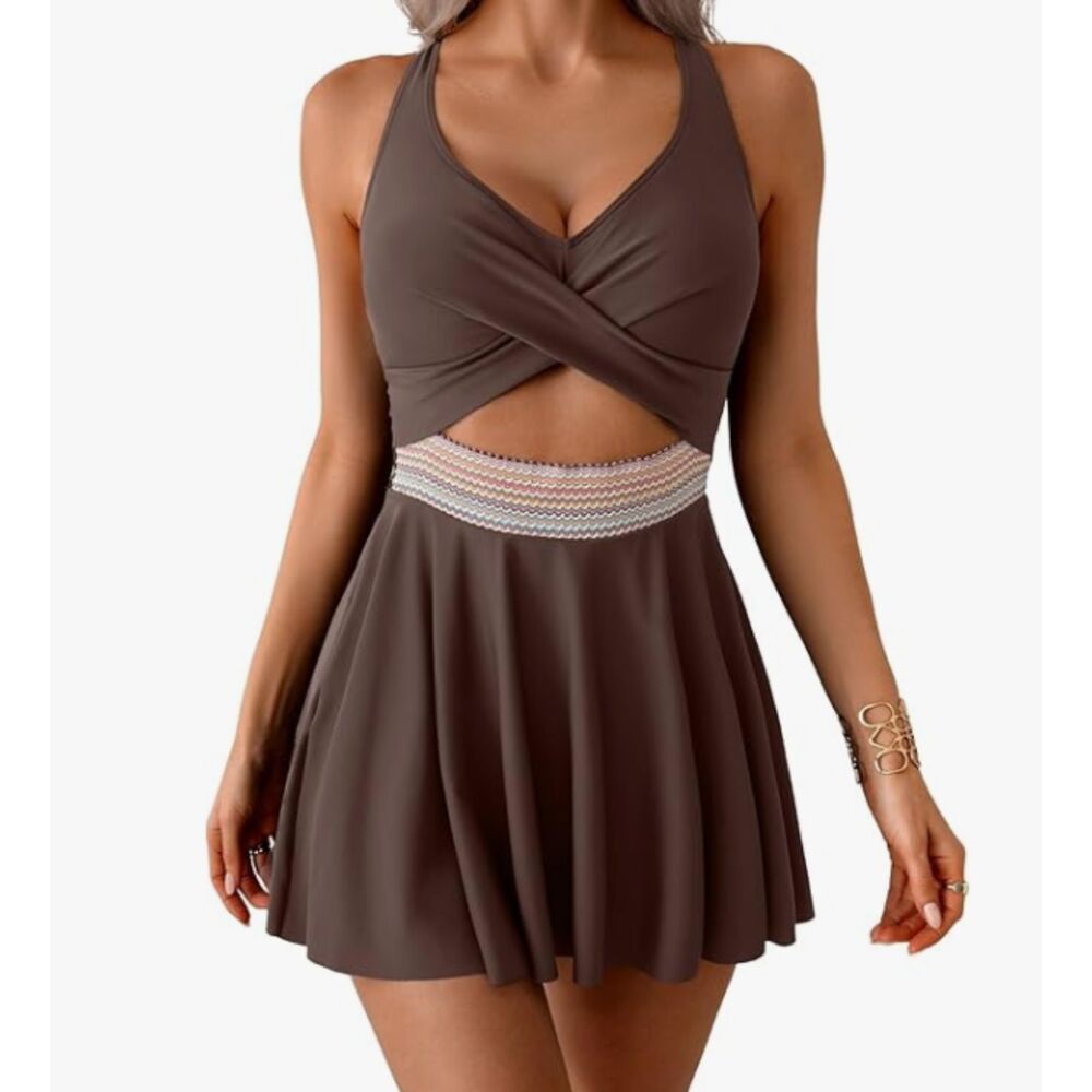 NEW Aidonger Swimdress 2XL Brown Keyhole Front Tie Back NWT Swimsuit Adj Straps